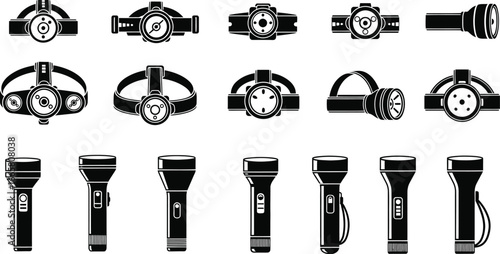Collection of headlamps and flashlights, essential lighting equipment for outdoor adventures and emergencies