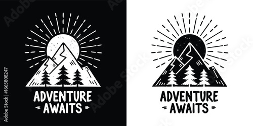 Retro distressed mountain landscape with sunburst and trees, text reads adventure awaits, perfect for outdoor enthusiasts and travel themes