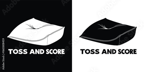 Toss and score beanbag game illustration, vintage style, on black and white backgrounds