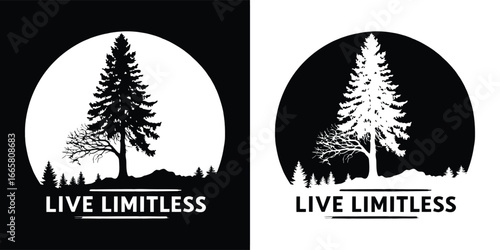 A majestic pine tree stands tall in a forest at night under a full moon, with the text live limitless symbolizing growth and boundless potential