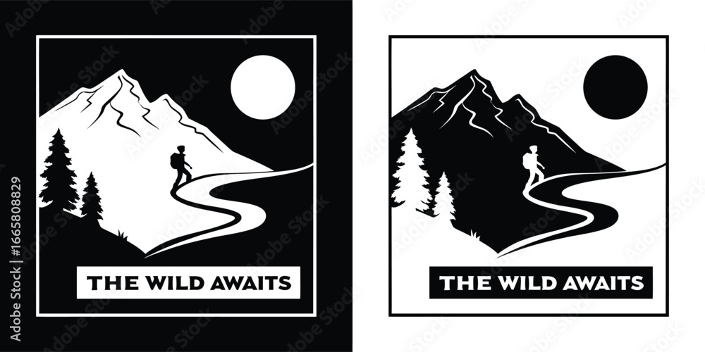 Obraz premium Silhouette of a hiker walking on a winding path through mountains and pine trees towards the sun with the text the wild awaits, symbolizing adventure and exploration