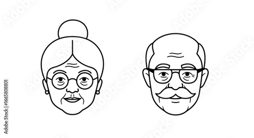 Line Art Faces: Elderly Couple with Glasses and Hair Buns