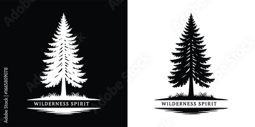 Silhouette of a pine tree with the text wilderness spirit below, presented in both black on white and white on black versions, symbolizing nature and the outdoors