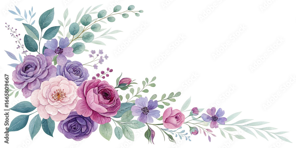 Fototapeta premium Watercolor floral corner arrangement with roses and leaves, perfect for wedding invitations and elegant designs isolated on transparent background