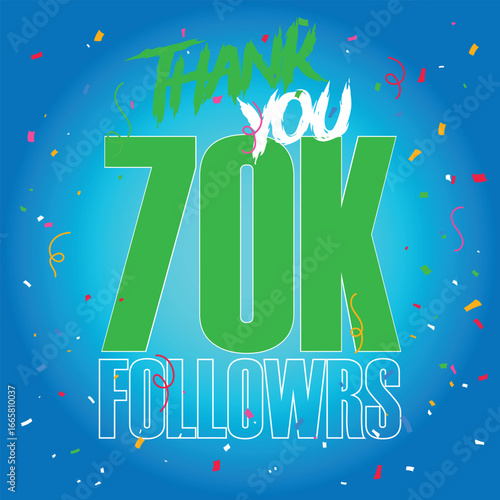 70k followers Thank you  design vector illustration art  template social numbers anniversary.Thank You 70 K Followers Vector Template Design Illustration.Isolated on gradient background .