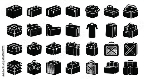 Set of black luggage icons representing travel, storage, and transport for vacation and adventure