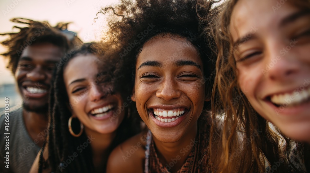 young diverse people having fun outdoor laughing together  focus on center african girl face no logos no brands ar 169