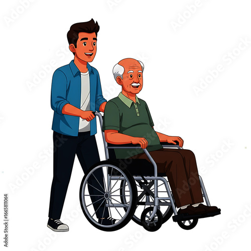 Young Man Pushing Elderly Man in Wheelchair, Cartoon Style Illustration