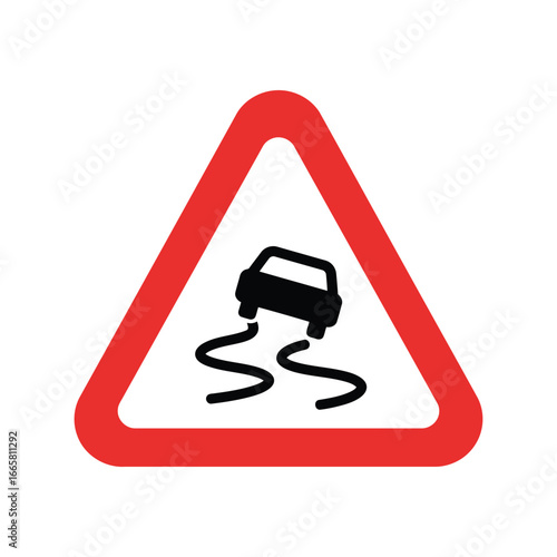 Slippery road warning sign caution traffic symbol wet surface alert driving hazard icon vector illustration