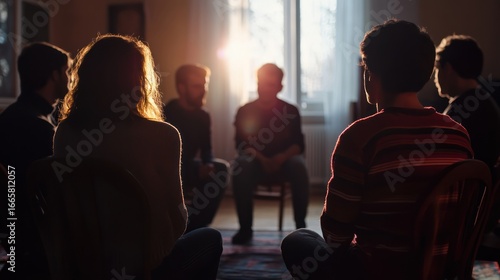 A group of young adults sits in a circle, engaged in a shared discussion or support group session, bathed in the warm light of a setting sun.