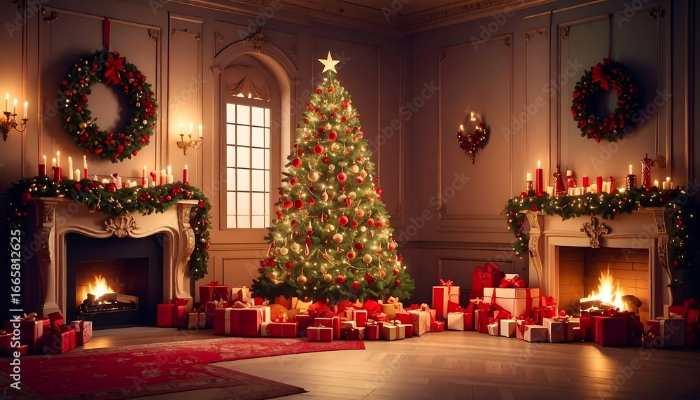 custom made wallpaper toronto digitalA lavishly decorated Christmas interior with a grand fireplace, illuminated Christmas tree, and numerous presents under a warm glow.