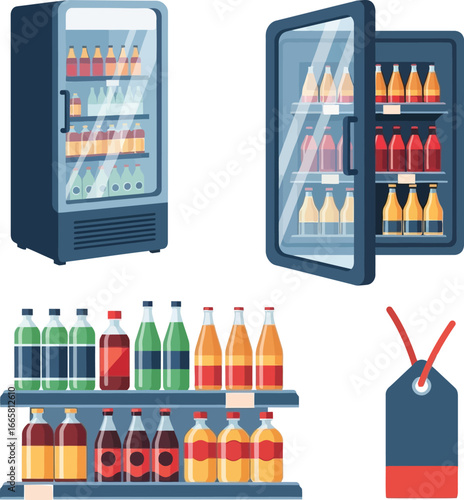 Illustration of two refrigerators full of bottled drinks, a shelf with bottles, and a price tag.