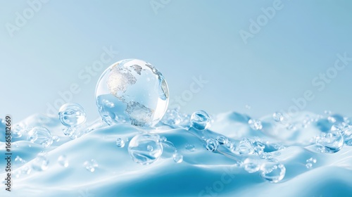 Oxygen bubbles in clear blue water, close-up. Mineral water. Water enriched with oxygen
