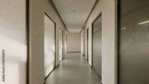Wallpaper Mural a modern and minimalist office corridor. The simple space, regular doors and windows, and soft light create a neat and professional office environment atmosphere.
 Torontodigital.ca