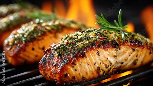 Sizzling grilled salmon fillets with herbs and spices, capturing the mouthwatering essence of gourmet cooking and culinary artistry.