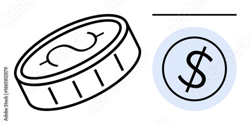 Single coin with dollar sign and a circled dollar icon emphasizing financial concepts. Ideal for banking, investments, budgeting, wealth management, ecommerce, cryptocurrency, savings. Simple flat