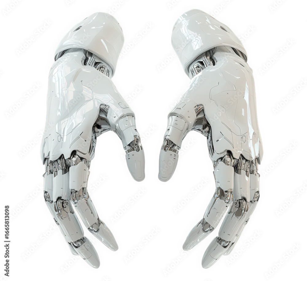 Fototapeta premium Two white robotic hands with articulated fingers, isolated on transparent background