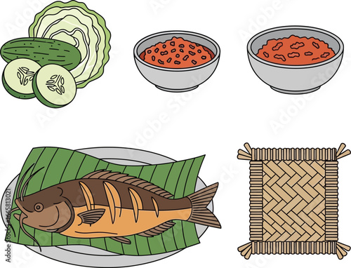 A stylized illustration of Southeast Asian food, featuring fish, vegetables, and condiments.