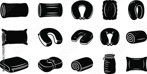 Collection of travel pillow icons for comfort, support, and relaxation during journeys in vector graphic style