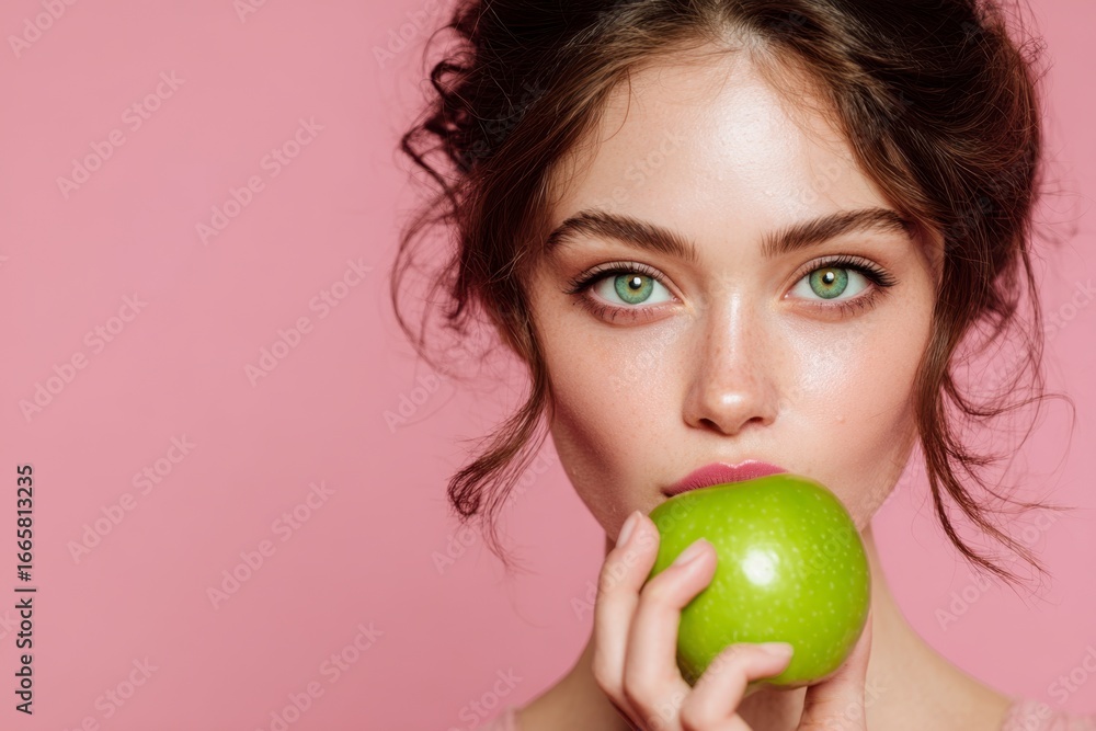 A young woman with green eyes and brown hair holds a green apple against a pink backdrop A young woman with green eyes and brown hair holds a green apple against a pink backdrop
