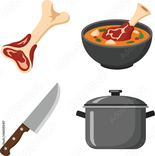 Meat bone, soup bowl, chef's knife, and pot; ingredients and tools for hearty cooking.