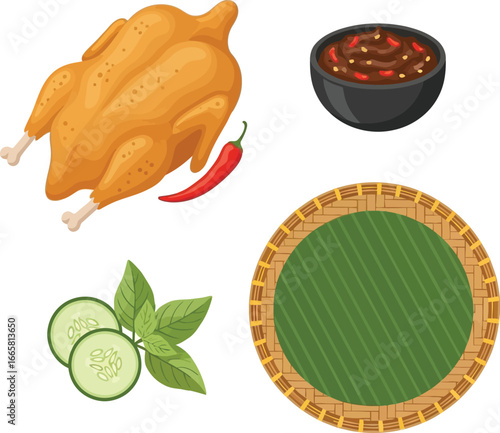 Roasted chicken with chili, dipping sauce, cucumber slices, basil, and a woven mat.