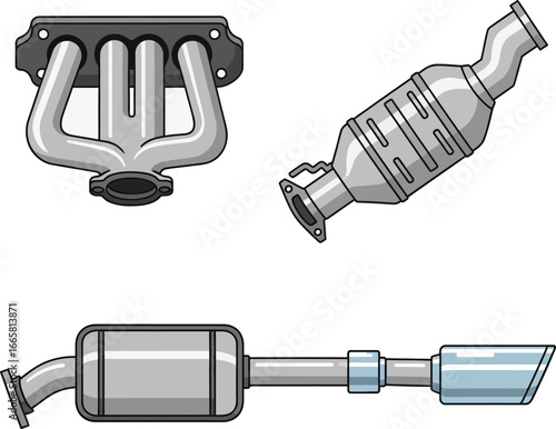 Diagram of automobile exhaust system components, including headers, catalytic converter, and muffler.