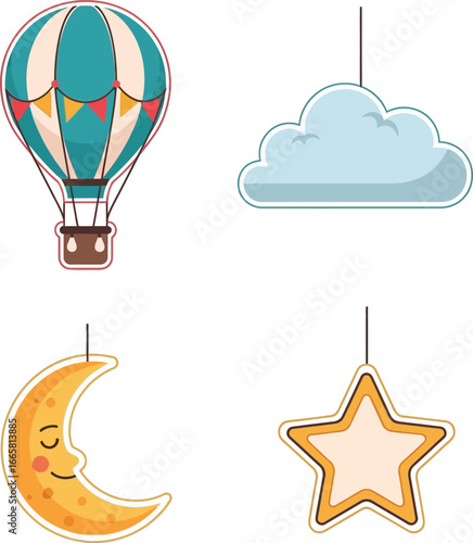 Cartoon hot air balloon, cloud, moon, and star hanging decorations.