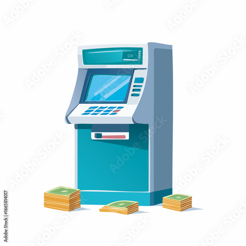 Atm machine dispenses cash in a brightly lit bank lobby, symbolizing financial access and convenience with a modern aesthetic.