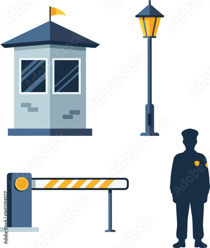 Security booth, guard, gate, and lamppost illustration for a guarded area.