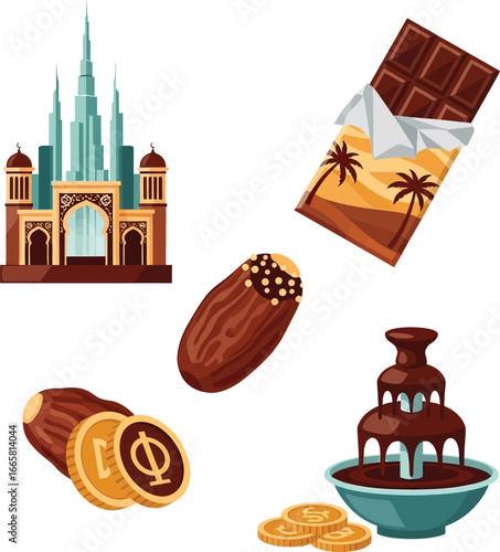 Dubai's iconic architecture, chocolate, dates, and currency coins symbolize the city's culture and wealth.