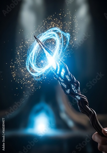 Magical wand with swirling blue energy