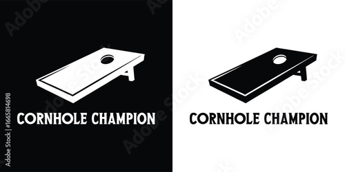 Cornhole champion a graphic illustration of a cornhole board with a hole, presented in black and white, signifying the game and its champion