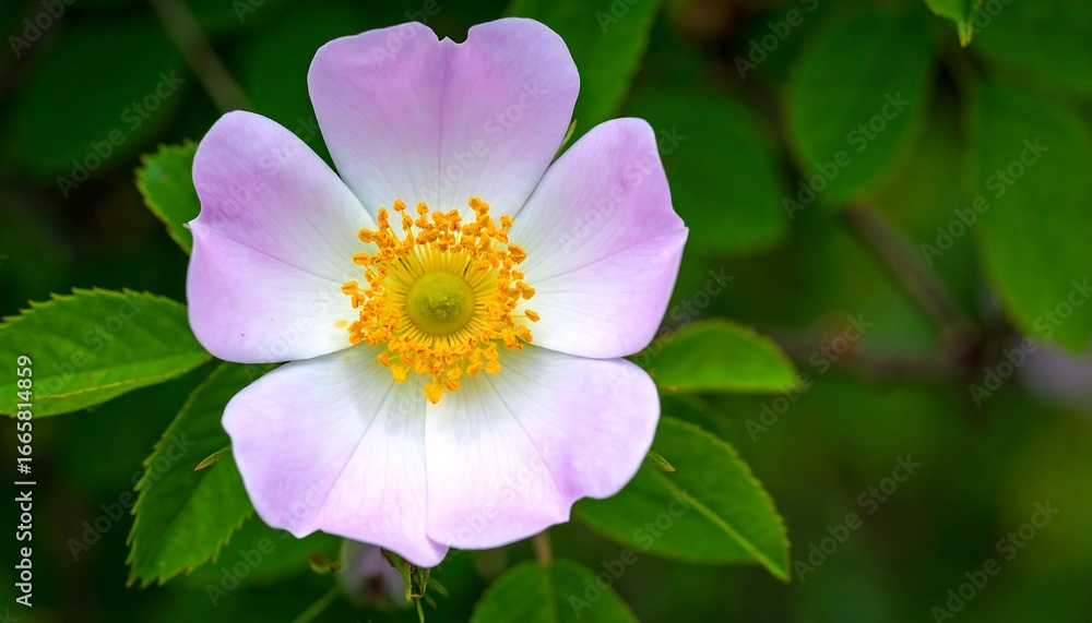 Fototapeta premium Close-up of a delicate wild rose blossom with pale pink petals and a vibrant yellow center, set against a blurred background of lush green foliage.