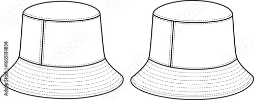 Bucket hat technical drawing, fashion design sketch, panel construction, brim stitching detail, black and white illustration, sewing template, apparel reference