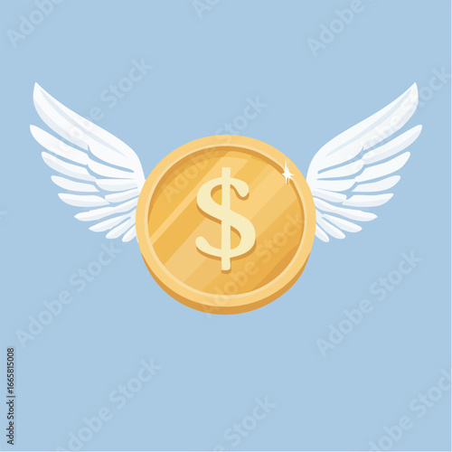 Flying golden dollar coin soars through the sky with white wings, symbolizing financial freedom and prosperity against a light blue backdrop.