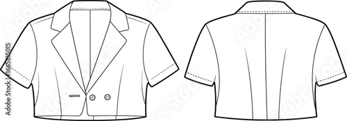 Cropped short sleeve blazer fashion flat sketch, front and back view, technical drawing, tailored fit, notched lapel, garment design