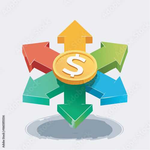 Coin with dollar sign being directed by arrows into a hole on white surface, representing investment and financial loss.