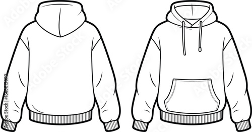 Hooded sweatshirt technical sketch, front and back view, fashion illustration, drawstring hoodie, kangaroo pocket, garment design, sewing template, vector drawing