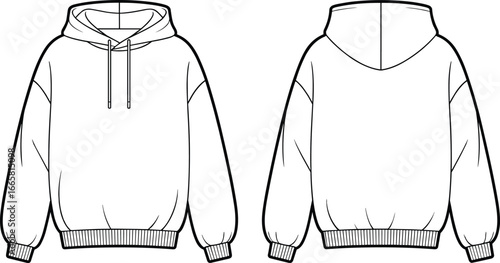 Hooded sweatshirt technical sketch, front and back view, fashion illustration, kangaroo pocket, drawstring hoodie, garment design, sewing template, vector drawing