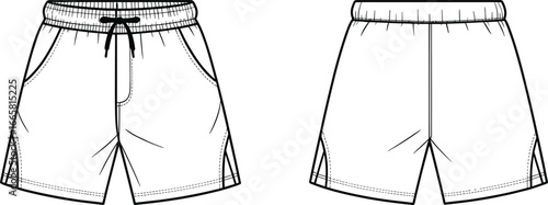 Men’s shorts flat sketch, front and back view, fashion technical drawing, casual wear template, athletic shorts design for apparel clothing industry
