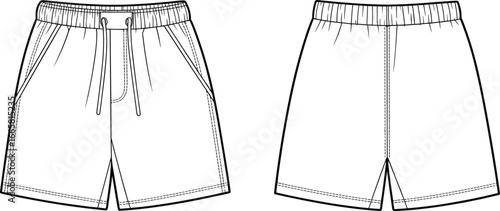 Men’s shorts flat sketch, front and back view, fashion technical drawing, casual wear template, drawstring waistband design for apparel clothing industry