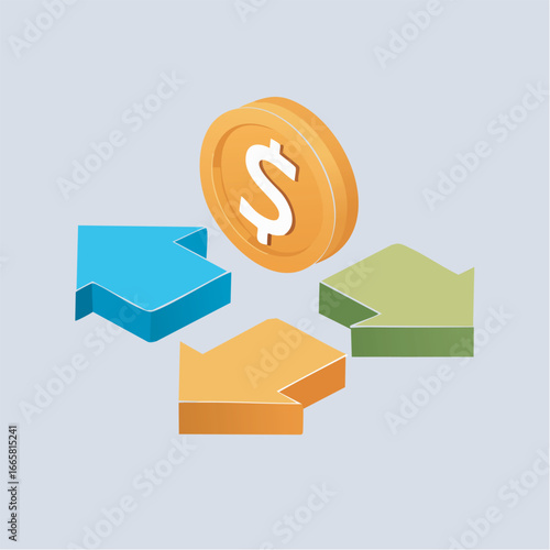 Gold coin floats above colorful arrows pointing in different directions against a light blue backdrop, symbolizing financial choices and investment strategies.