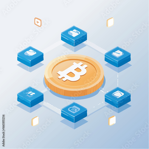 Golden bitcoin coin connects with various digital applications in a modern, minimalist style, representing decentralized finance and technological advancement.
