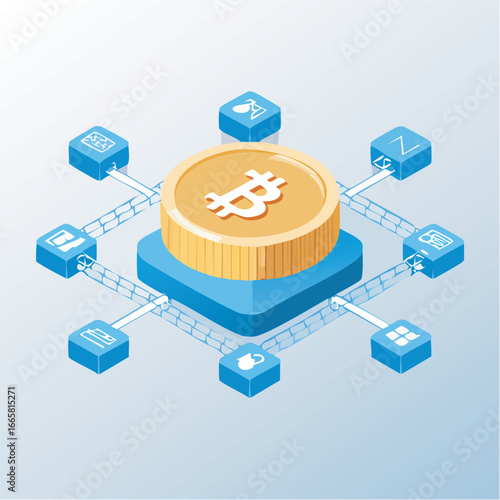 Bitcoin coin connecting to various software applications through a digital network representing cryptocurrency and blockchain technology with a modern feel.