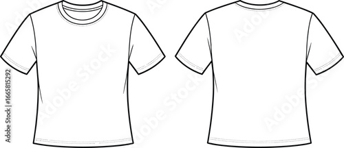 Plain white short sleeve t-shirt fashion flat sketch, front and back view, round neckline, technical garment illustration, apparel design