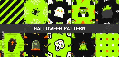 Halloween seamless pattern with black and green backgrounds featuring graves, spiders, ghosts, potions, masks and coffins. Perfect for backgrounds, wallpaper, web page, surface and seasonal design.