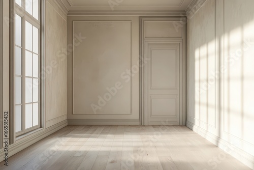 Wallpaper Mural A sun-drenched empty room with elegant, light beige walls and trim, highlighting the natural light and shadows. Torontodigital.ca