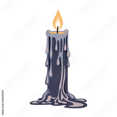 Isolated vector illustration of a black candle with dripping wax and a flickering flame, ideal for Halloween decorations or spooky themes.