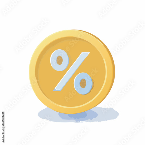 Golden coin displaying percentage symbol resting on white surface representing financial discount and savings with soft shadow, indicating value and opportunity.